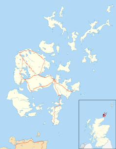 Mapa konturowa Orkadów, po lewej znajduje się punkt z opisem „Megality ze Stenness”