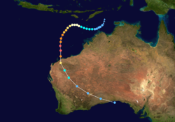 Mapa cesty přes východní Indický oceán poblíž Austrálie. Většinu země lze vidět na pravé straně obrázku. Nahoře jsou vidět některé z indonéských ostrovů.