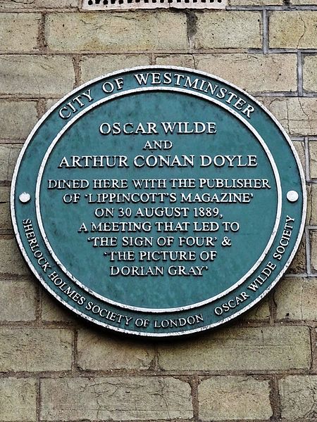 Plaque commemorating the dinner between Wilde, Doyle and the publisher on 30 August 1889 at 1 Portland Place, Regent Street, London