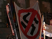 Anti-BNP placards and banners at a protest against the party in 2007 Oxford protest 27-11-2007 banner.jpg