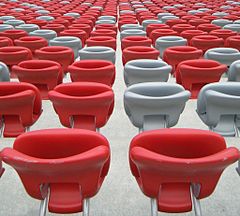 Standard folding stadium seats (FCB in red and silver colors) in the National Stadium, Warsaw POL Stadion Narodowy Warszawa 12.jpg