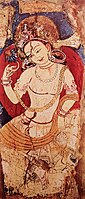 Mural of a Bodhisattva Maitreya at the entrance of the niche of the royal couple. Fondukistan monastery, circa 700 AD. National Museum of Afghanistan.