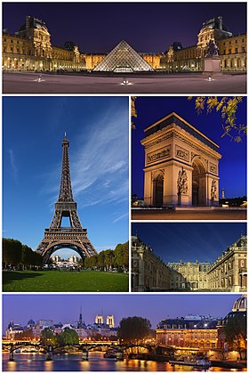 巴黎意象：從上方順時針依序為羅浮宮、凱旋門、凡爾賽宮、藝術橋與巴黎夜景、艾菲爾鐵塔
