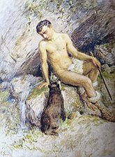 Shepherd of Arcadia - Shepherd i en bucolic miljö, arbetet med den italienska målaren Cesare Saccaggi