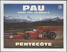 Afiș color cu inscripția „PAU GRAND PRIX AUTOMOBILE PENTECOTE”.