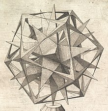 Great stellated dodecahedron enclosed by a skeletal icosahedron from Perspectiva corporum regularium Perspectiva Corporum Regularium MET DP239933, great stellated dodecahedron.jpg