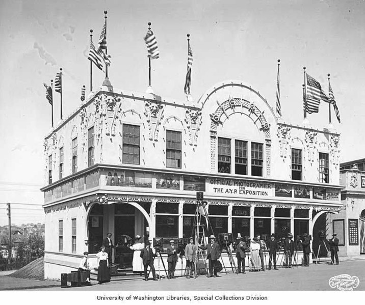 File:Photographers posing in front of the Official Studio, Alaska-Yukon-Pacific-Exposition, Seattle, Washington, 1909 (AYP 1163).jpeg