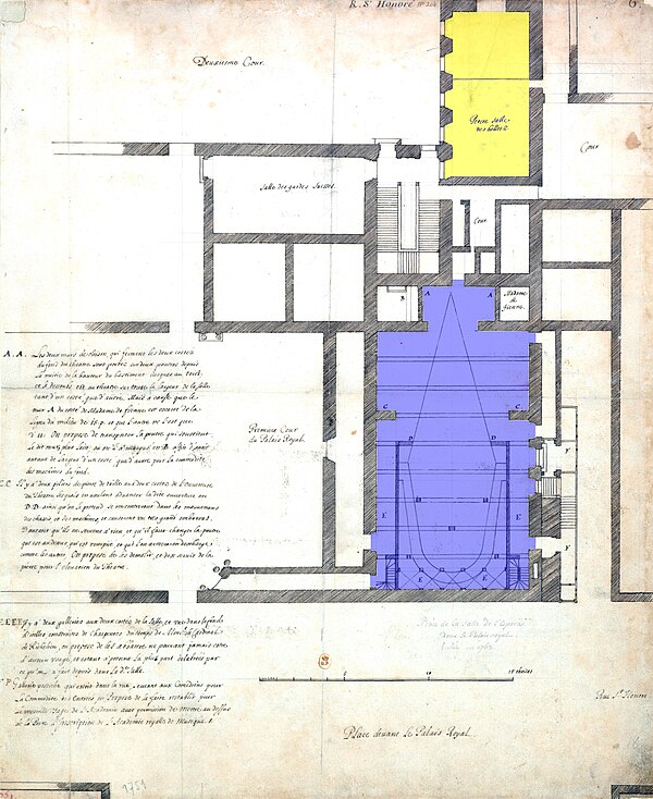 Detail plan of 1673 showing the Petite Salle in yellow and the Grande Salle in blue