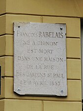 Plaque signalant le décès de François Rabelais dans cette rue.