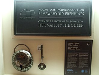Plaque to commemorate the opening of the Wales Millennium Centre Plaque at the WMC, Cardiff.jpg