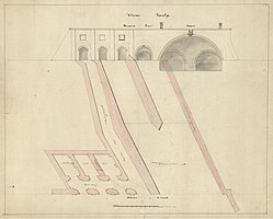 Plattegrond van het Klein Poortje met aangrenzende kazematten en binnenaanzicht van het Klein Poortje en de Visserspijpen (1836)