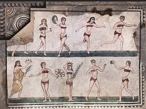 The ancient Roman Villa Romana del Casale (286–305 AD) in Sicily has one of the earliest known bikini images.