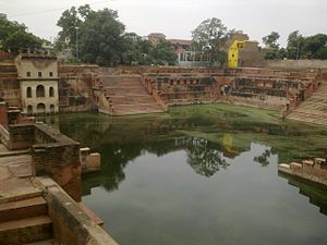 According to Hindu mythology, Potra Kund (water body) was used to clean Krishna's baby clothes [Potre]. Potra Kund temple tank near Krishna Janmabhoomi Potra Kund.jpg