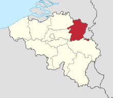 A map of Belgian provinces with Limburg at the northest