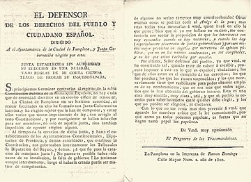 Folleto que critica la legalidad del primer ayuntamiento constitucional de Pamplona (1820)