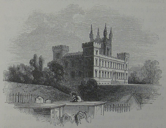 An illustration of the school's main building from a nearby cemetery by Armand de Quatrefages, c. 1860