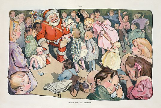 Rose O'Neill - When We All Believe (Santa Claus and children illustration from the 1903 December 2 issue of Puck)