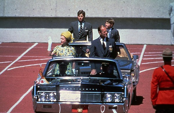 Queen Elizabeth II, Prince Philip, Prince Andrew, and Prince Edward at the opening of the 1978 Commonwealth Games in Edmonton, Alberta