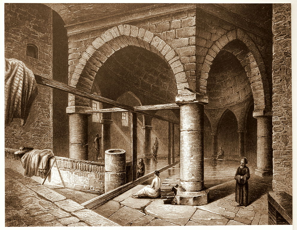 Illustration du bain Rudas à Budapest en 1850 - Image de Thaler Tamas
