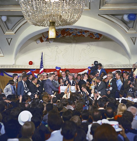 Kennedy addressing supporters in the Embassy Ballroom of the Ambassador Hotel