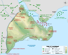 Carte simplifiée d'une ville montrant la disposition des forces lors d'un siège.