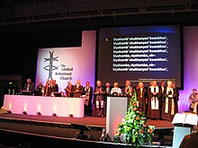 Singing "Siyahamba" with the former moderators at the United Reformed Church General Assembly 2007, Manchester Siyahamba United Reformed Church General Assembly 2007.jpg