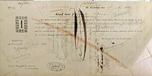 A checque for 3,200 guilders compensation for the abolition of slavery on Sint Eustatius in 1863 Slave compensation Sint Eustatius.jpg