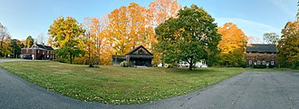 This 180deg view of the Smith Tavern Educational Complex complex shows, from left to right, the Smith Tavern, the Brundage Blacksmith Shop, Dr. Jerry Light's Privy (partially obscured), the one-room East Middle Patent Schoolhouse, and the 1798 Quaker Meeting House. Smith Tavern Educational Complex Panorama.jpg