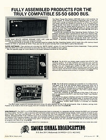 Advertisement for Smoke Signal's BFD-68 floppy system, the M-16-A RAM board, and the P-38 EPROM board Smoke Signal Broadcasting Ad Dec 1977.jpg