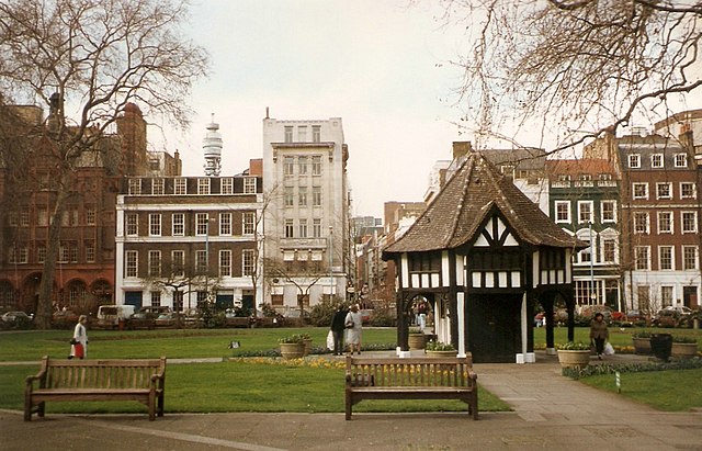 Soho Square in 1992. Richard Williams Animation is the green building to the right of the mock Tudor structure.