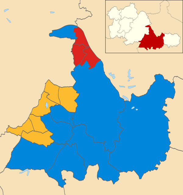 Map of the results of the 2010 Solihull election. Conservatives in blue, Liberal Democrats in yellow and Labour in red.