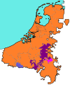 Os Países Baixos españois. Antes da súa escisión en 1648. O Bispado de Liexa figura en violeta, e o Principado de Stavelot-Malmedy, en rosa.