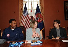 In 2010, Speaker Nancy Pelosi met with Shani Davis (left) and Ohno for the B.J. Stupak Scholarship, a federally-funded scholarship program designed to provide financial assistance to Olympic athletes.
