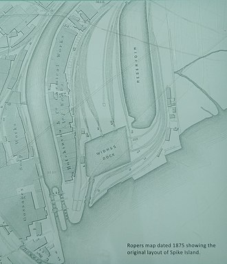 Map of Spike Island (1875) showing the location of Widnes Dock Spike Island 1875.jpg