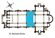 Historic ground plan of the church: the three-aisle nave terminates in three concave altar niches (Apsides). Light blue indicates the newly installed flat roof. Between the flat roof and the transept there is a small light well on the second floor. St Michael Berlin Grundriss.JPG