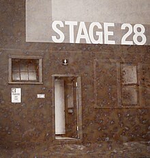 The exterior of Soundstage 28 at Universal Studios Lot, commonly called the "Phantom Stage" after the 1925 film The Phantom of the Opera which was filmed there Stage 28, or "Phantom of the Opera" Stage.jpg