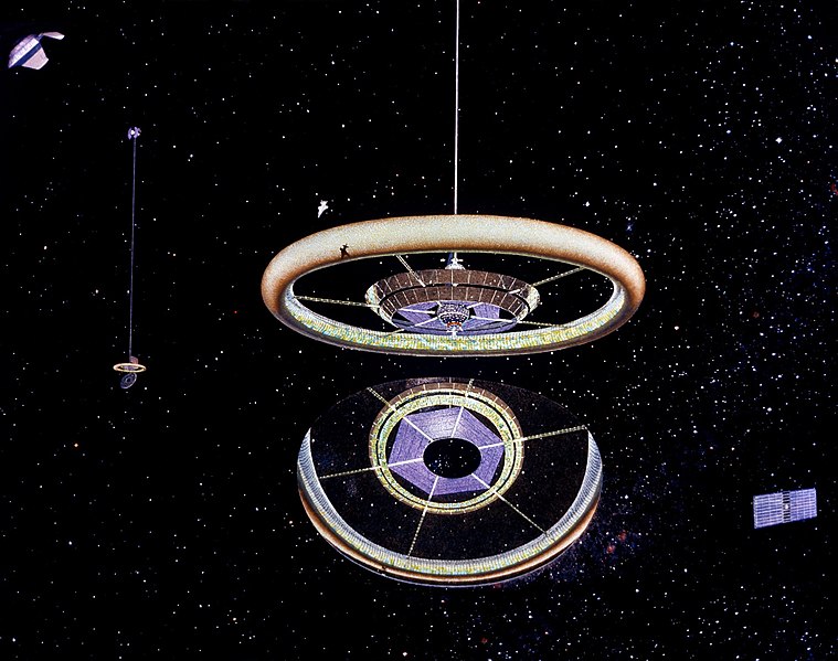 Stanford Torus showing how the mirror works. The station is edge on to the sun, and the mirror is at 45 degrees to the sunlight and reflects the light to the habitat where it is reflected by more mirrors into the inside of the habitat. Image NASA