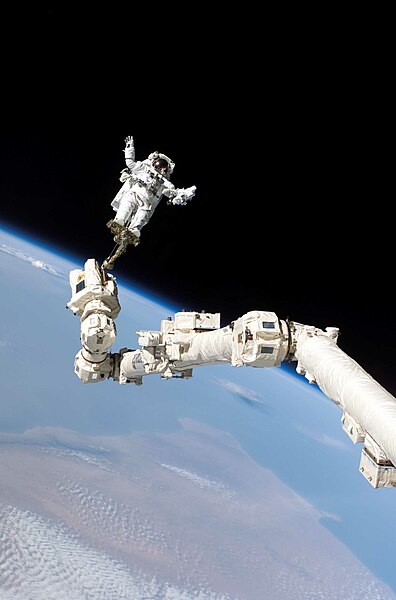 太空人斯蒂芬·羅賓遜在STS-114任務期間固定在移動維修系統（MSS）的底部。