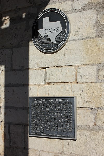 File:Stubblefield Building, Liberty Hill, Texas Historical Marker (8636272824).jpg