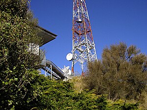 Sugarloaf Communications Tower showing cable runs from back of building to base of tower.