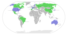 Map of Summer Olympics locations with countries that have hosted one Summer Olympics shaded in green and countries that have hosted two or more shaded in blue Summer Olympics.svg