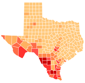 Results for Raza Unida by county:
Muniz
0-5%
5-10%
10-15%
15-20%
20-25%
25-30%
>30% Texas Gubernatorial Election Results by County, 1972 Raza Unida.svg