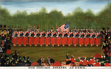 An oil painting showing the Chicago Zouaves in Utica, New York during their 1860 national tour The Chicago Zouaves Cadet Drill Team at Utica.png