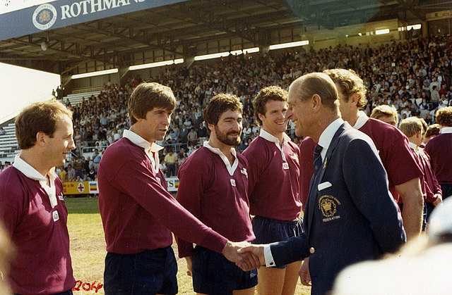HRH The Duke of Edinburgh greeting the Queensland Rugby Union team at Ballymore Stadium, XII Commonwealth Games