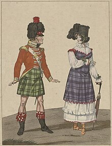 Illustration of Scottish regimental solidier in green tartan kilt, red coat, and feather bonnet, with a lady in a blue tartan dress over a white slip