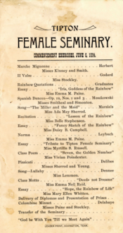 Program of the commencement exercises for Tipton Female Seminary on June 6, 1894