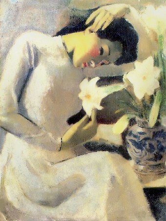 Tô Ngọc Vân, Thiếu nữ bên hoa huệ (Young Woman with Lily), 1943, oil