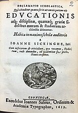 De titelpagina van de toespraak van Johannes Sickinghe (1602) bij zijn afscheid van de Latijnse school in 1619