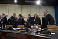 U.S. Secretary of Defense Chuck Hagel, right, speaks with Mariot Leslie, the United Kingdom's permanent representative to the North Atlantic Council (NAC), before the start of an NAC meeting at NATO headquarters 130604-D-BW835-208.jpg