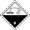 文字8と「腐食性」が付いた菱形のラベル。液体の雫が材料と人間の手を腐食することを示している。
